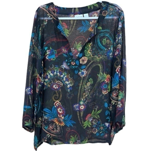 Chicos Sheer Silk Shirt 2 Womens Medium Paisley Floral Top, Swim Cover Up Tunic - Picture 16 of 16